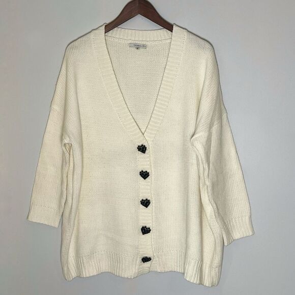 OLIVIA RUBIN Cecily Cream Knit Rhinestone Heart Buttons Cardigan Sweater - Picture 2 of 6